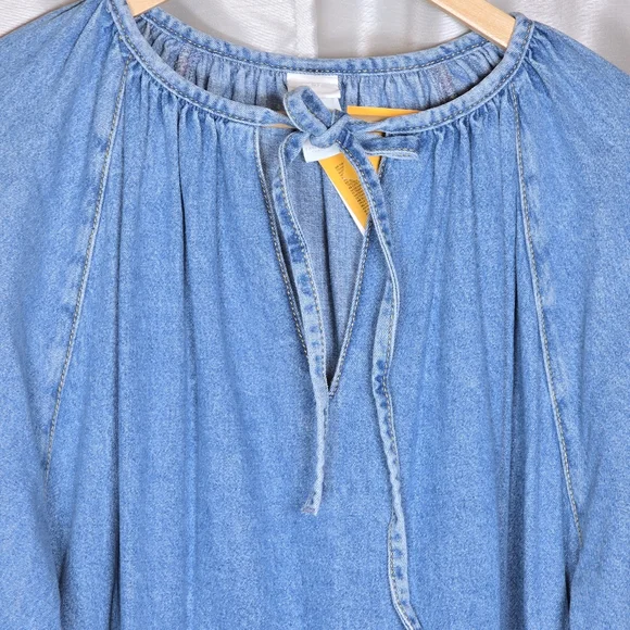 H&M Women's Denim Ruffle Tiered Babydoll Dress Oversized Puff Sleeves Blue  XL
